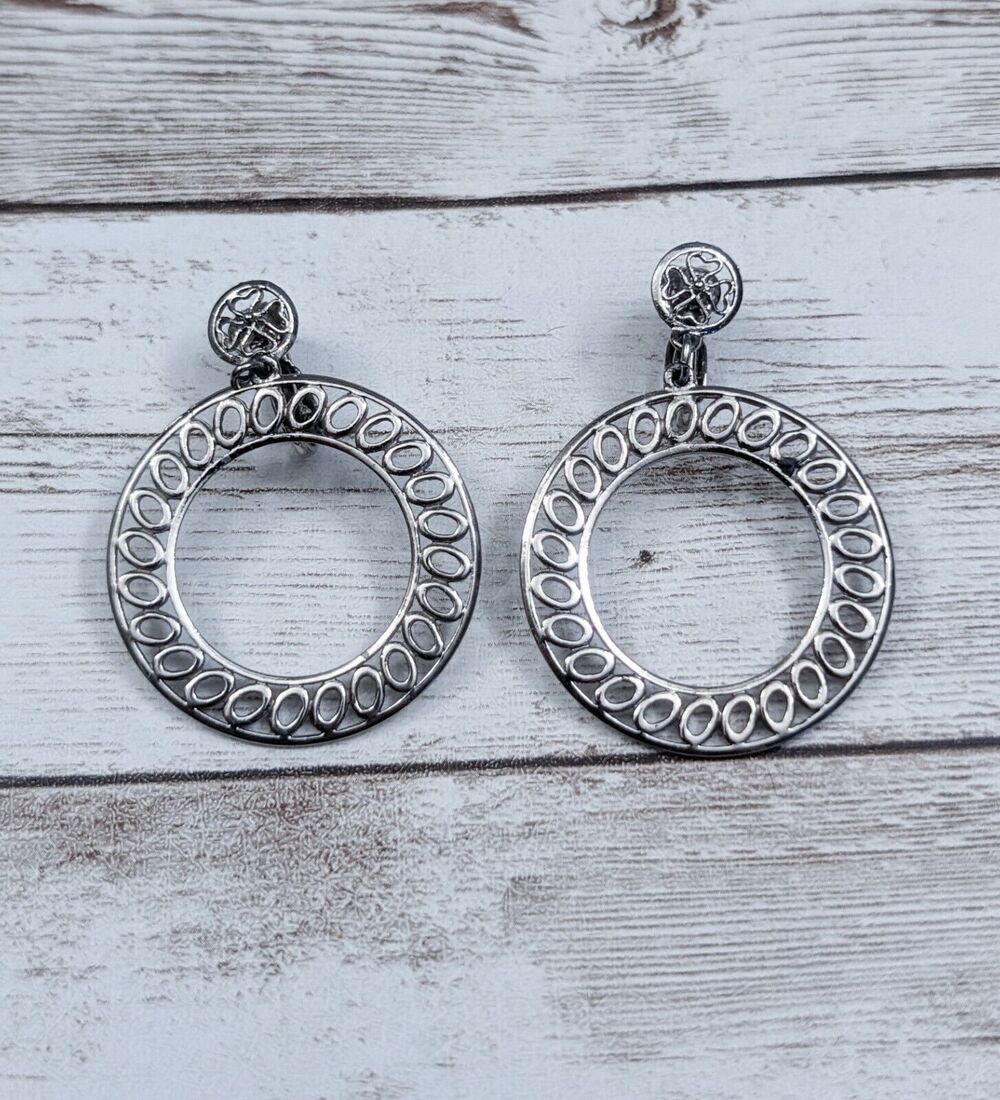 Vintage Clip On Earrings - Patterned Silver Tone Circle Dangle 1 & 7/8"
